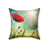 A Red Poppy in a Field Spun Polyester Square Pillow