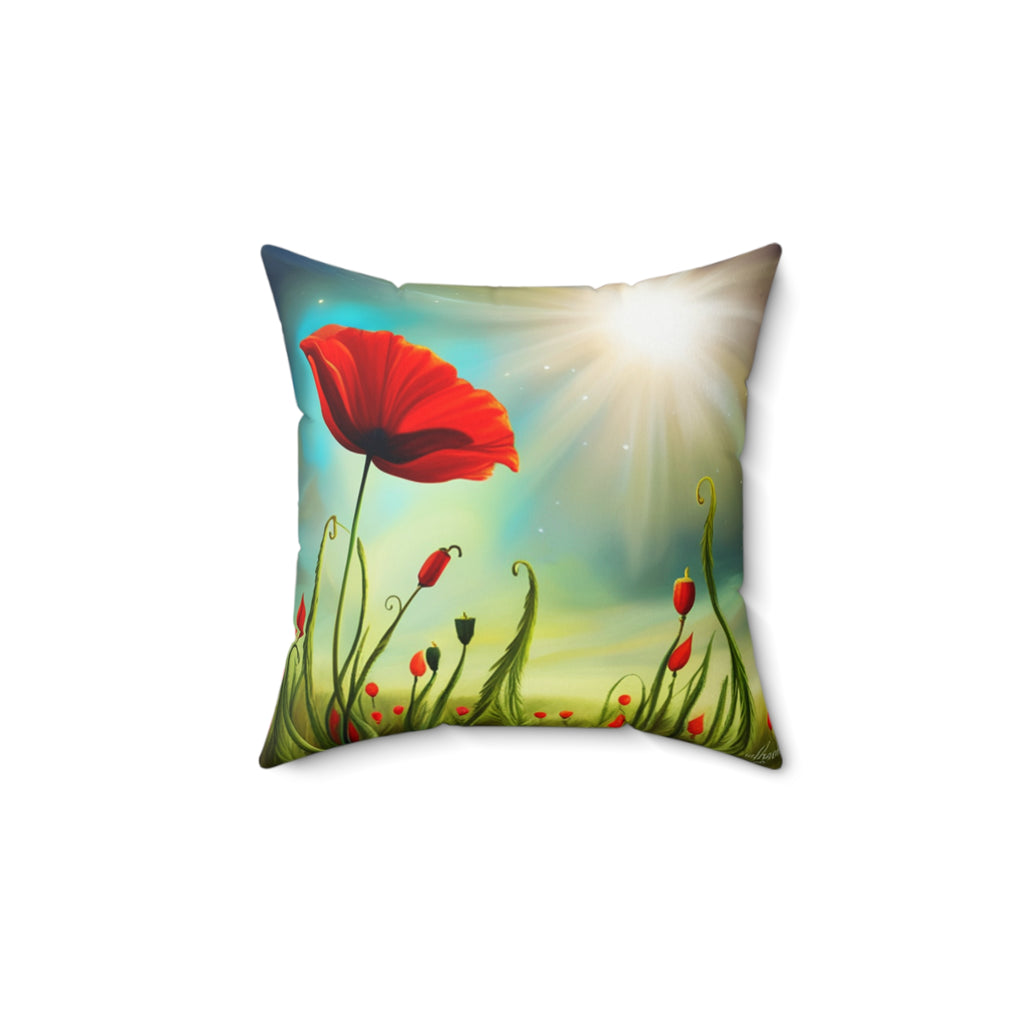 A Red Poppy in a Field Spun Polyester Square Pillow