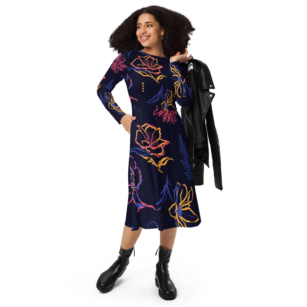 Art Print Long Sleeve Midi Dress