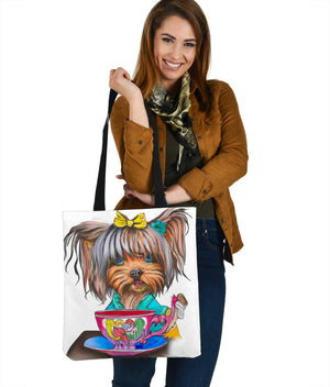 Dog Lovers Tote Yorkie Drinking Tea Custom Art Design