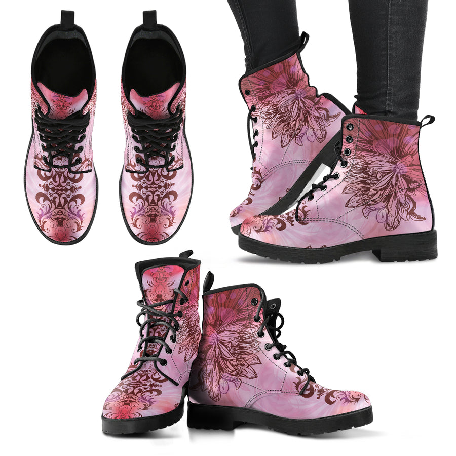 Flowers-Pinklotus Women's Leather Boots