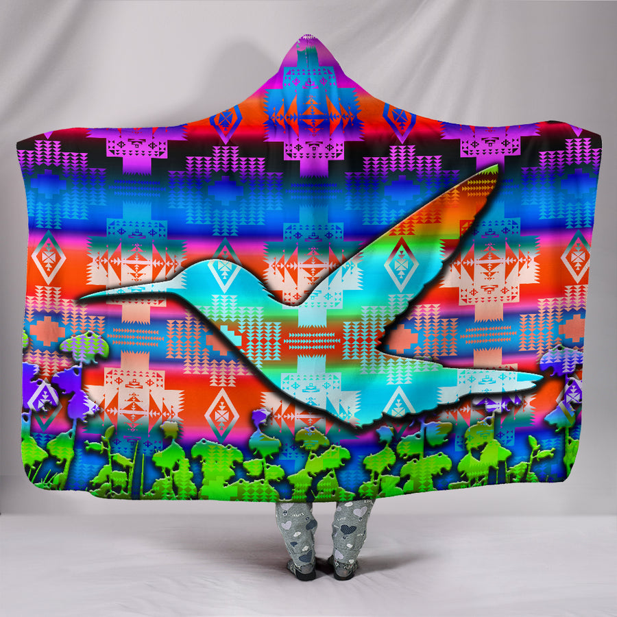 TRIBAL-Turquoise Hummingbird Feast Hoodie Blanket