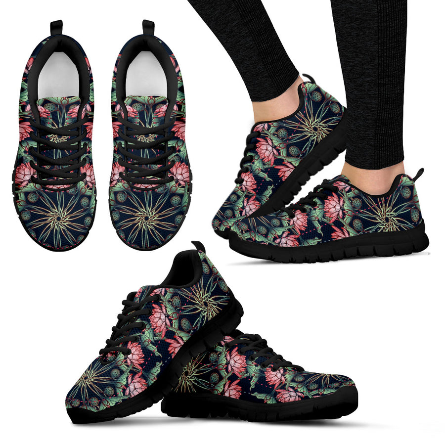 Lotus Mandala Handcrafted Black Sole Sneakers