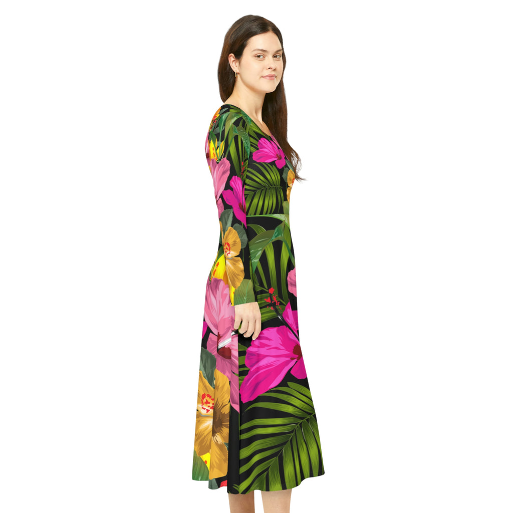 Women's Long Sleeve Dance Dress Hibiscus Floral