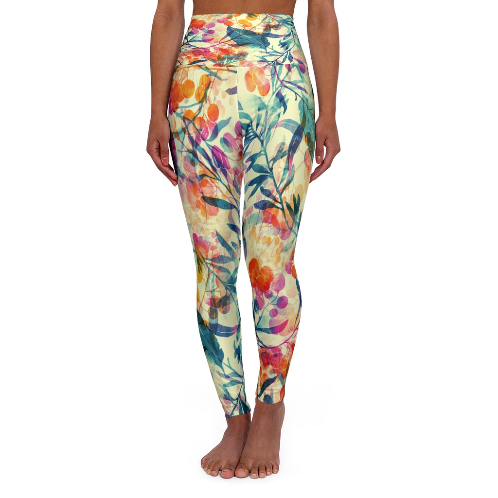High Waisted Yoga Leggings Berries And Leaves