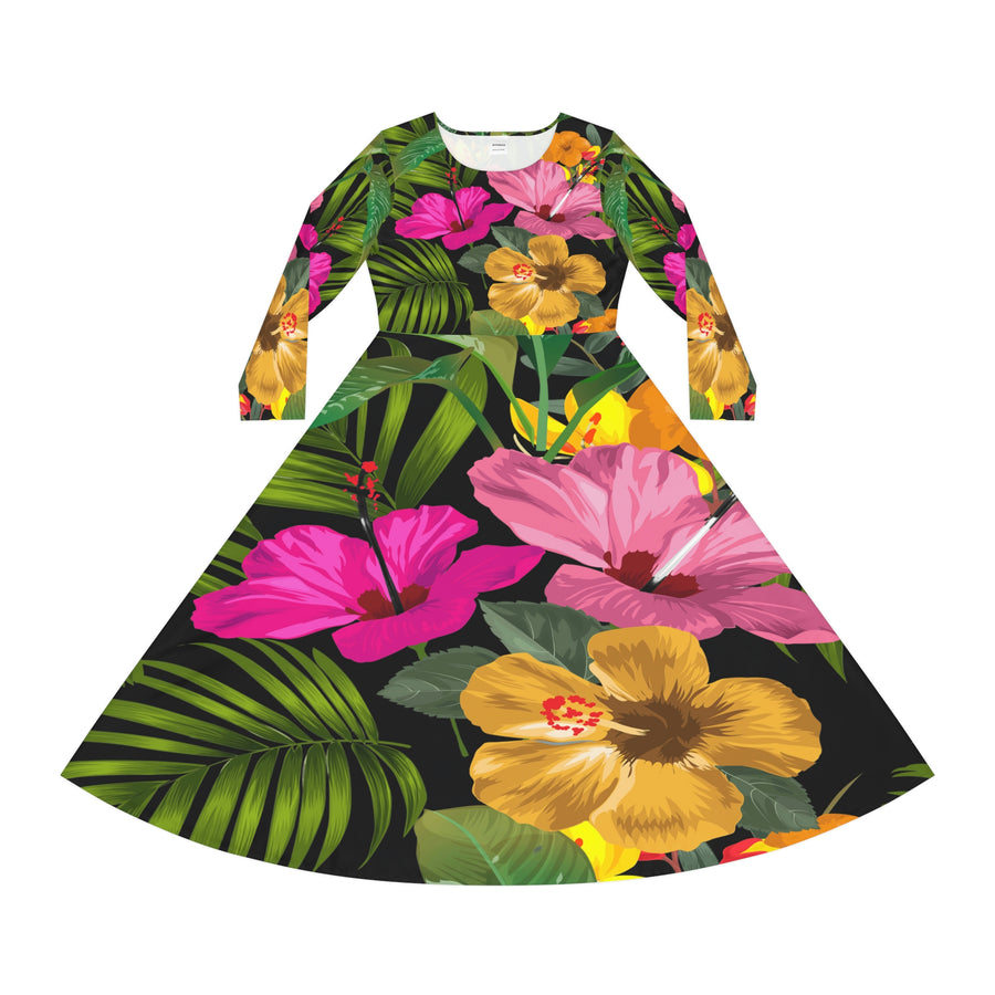 Women's Long Sleeve Dance Dress Hibiscus Floral