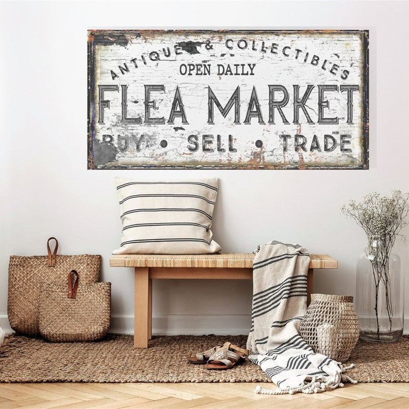 Vintage Flea Market Sign Prints On Canvas Painting Old Time Signs Poster For Living Room Farmhouse Wall Art Rustic Home Decor
