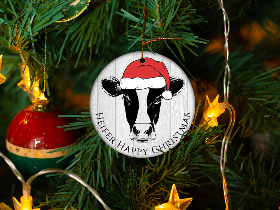 Heifer Happy Christmas - Ceramic Round Ornament