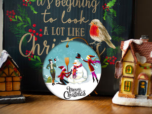 Retro Snowman - Ceramic Round Ornament