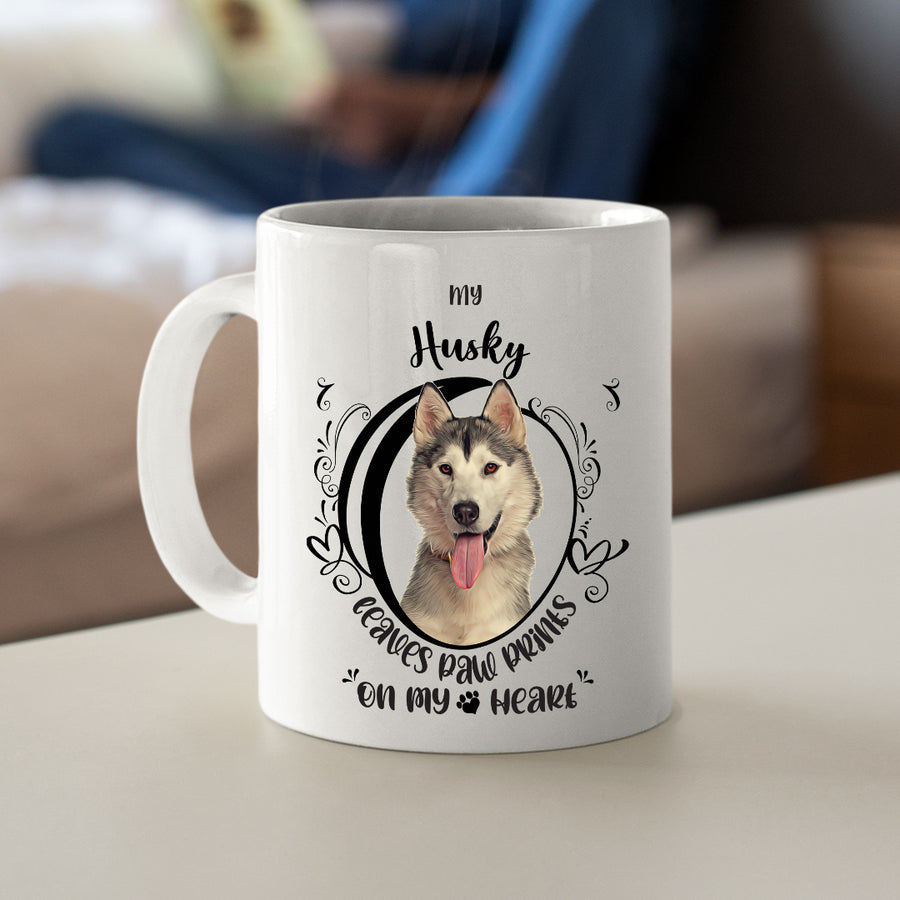 Husky- My Husky Leaves Paw Prints On My Heart White Coffee Mug