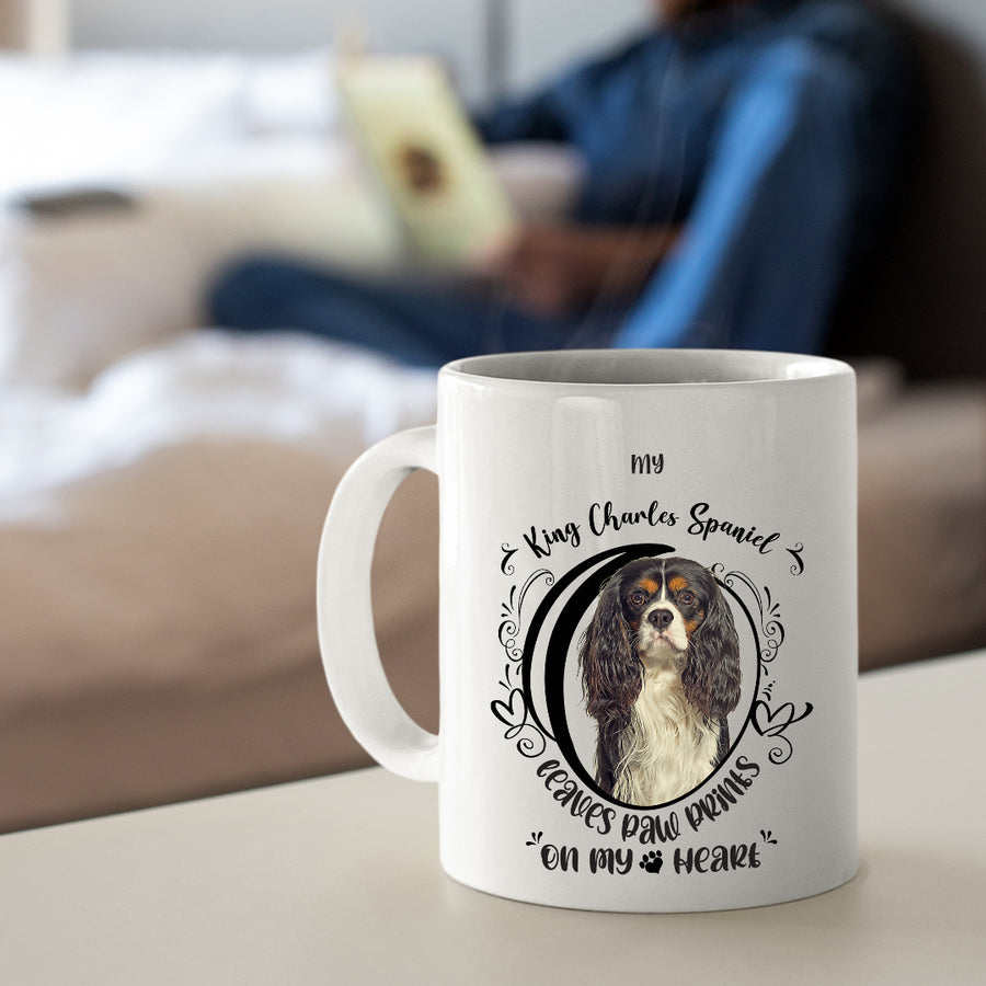 King Charles Spaniel- My King Charles Spaniel Leaves Paw Prints On My Heart White Coffee Mug