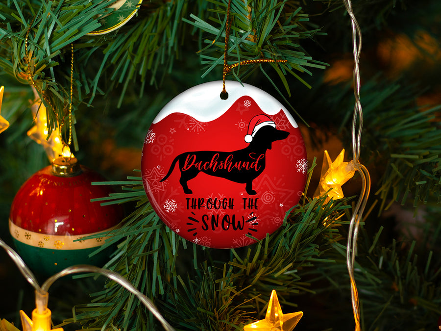 Dachshund Through The Snow - Ceramic Round Ornament