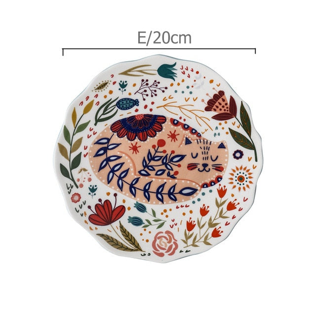 Delightful Folk Flower Design Cat Art Dinner Plates Great For Cat Lovers Microwave Safe
