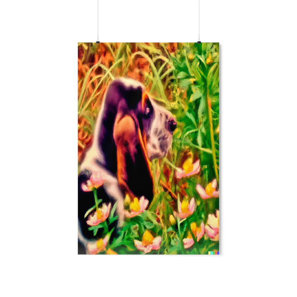 Moment of Wonder Premium Matte Vertical Poster Basset Hound Puppy Enjoying The Magic