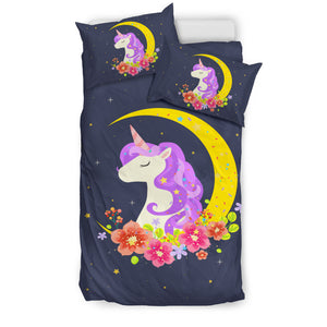 Dark Blue Starry Night Crescent Moon Unicorn Bedding Set