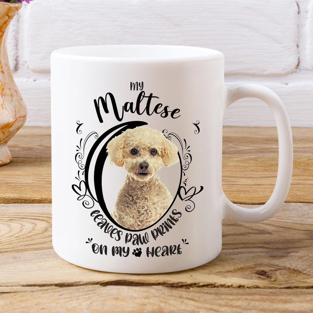 Maltese- My Maltese Leaves Paw Prints On My Heart White Coffee Mug