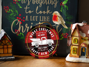 Plaid Christmas Truck - Ceramic Round Ornament
