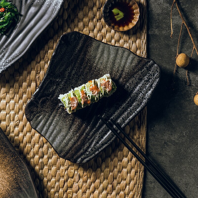 Creative Ceramic Sushi Plate Japanese Style Irregular Flat Plate Black Breakfast Plate Household Vegetable Plate Dim Sum Plate