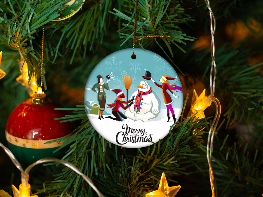 Retro Snowman - Ceramic Round Ornament
