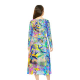 Women's Long Sleeve Dance Dress Feathers, Leaves and Swirls Watercolor Art Custom Design