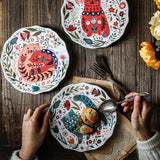 Delightful Folk Flower Design Cat Art Dinner Plates Great For Cat Lovers Microwave Safe