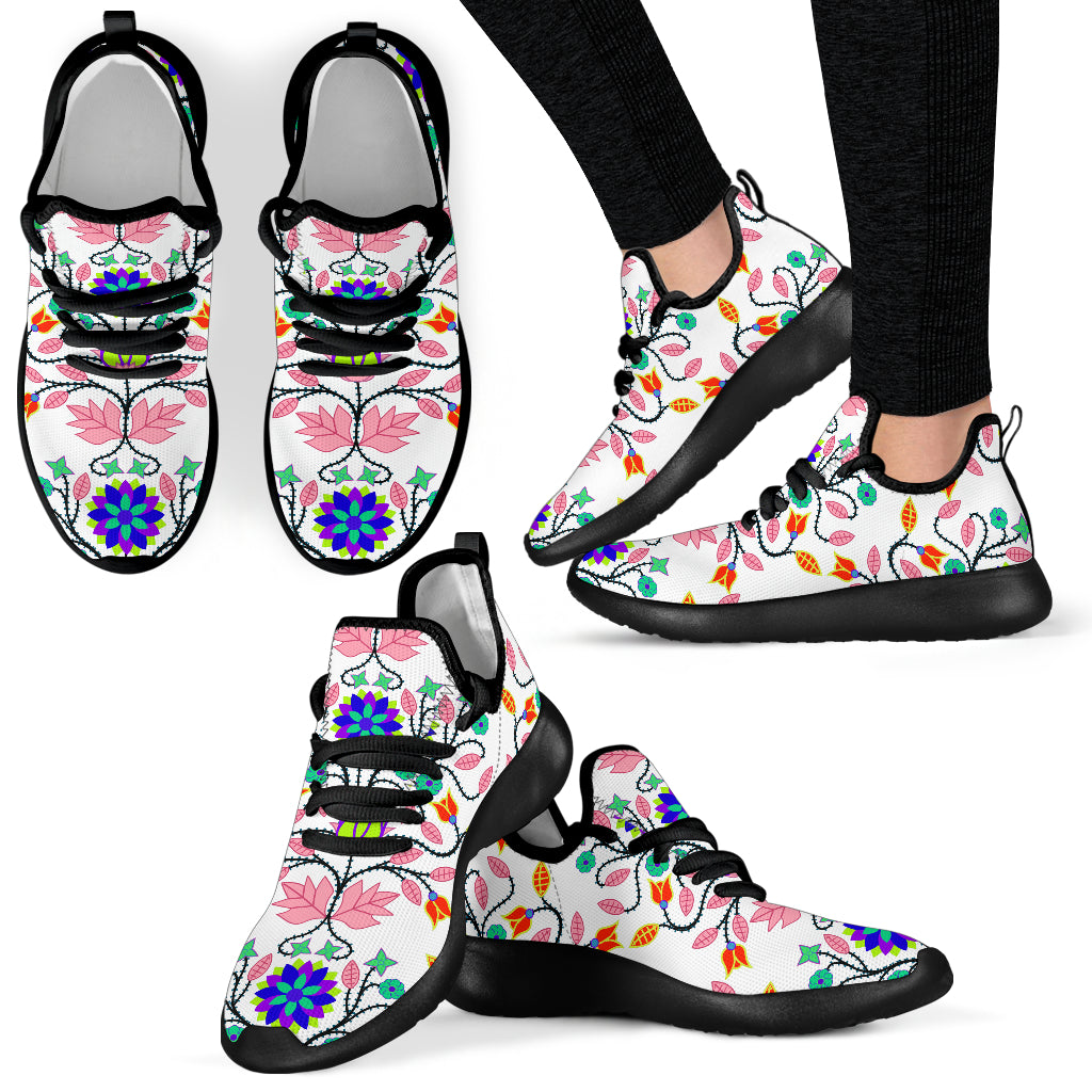 Floral Beadwork Four Clans White Mesh Knit Sneakers