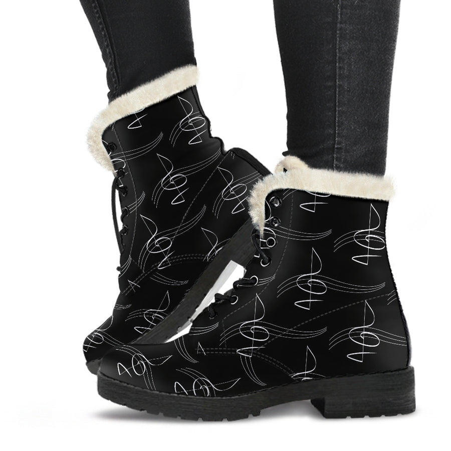 Music-Modern Treble Clef Design Faux Fur Animal Friendly Leather Winter Boots