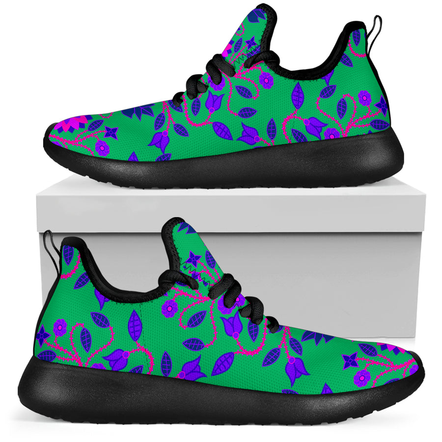 Floral Beadwork Four Clans Teal Mesh Knit Sneakers