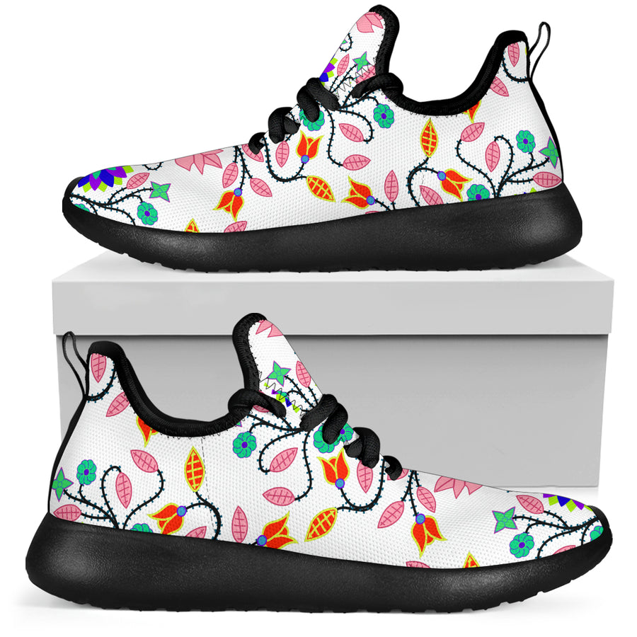 Floral Beadwork Four Clans White Mesh Knit Sneakers