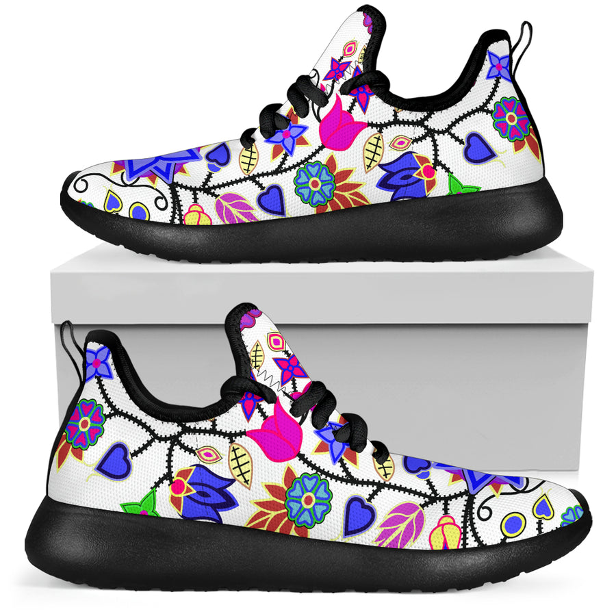 Floral Beadwork Seven Clans White Mesh Knit Sneakers