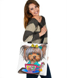 Dog Lovers Tote Yorkie Drinking Tea Custom Art Design