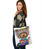 Dog Lovers Tote Yorkie Drinking Tea Custom Art Design